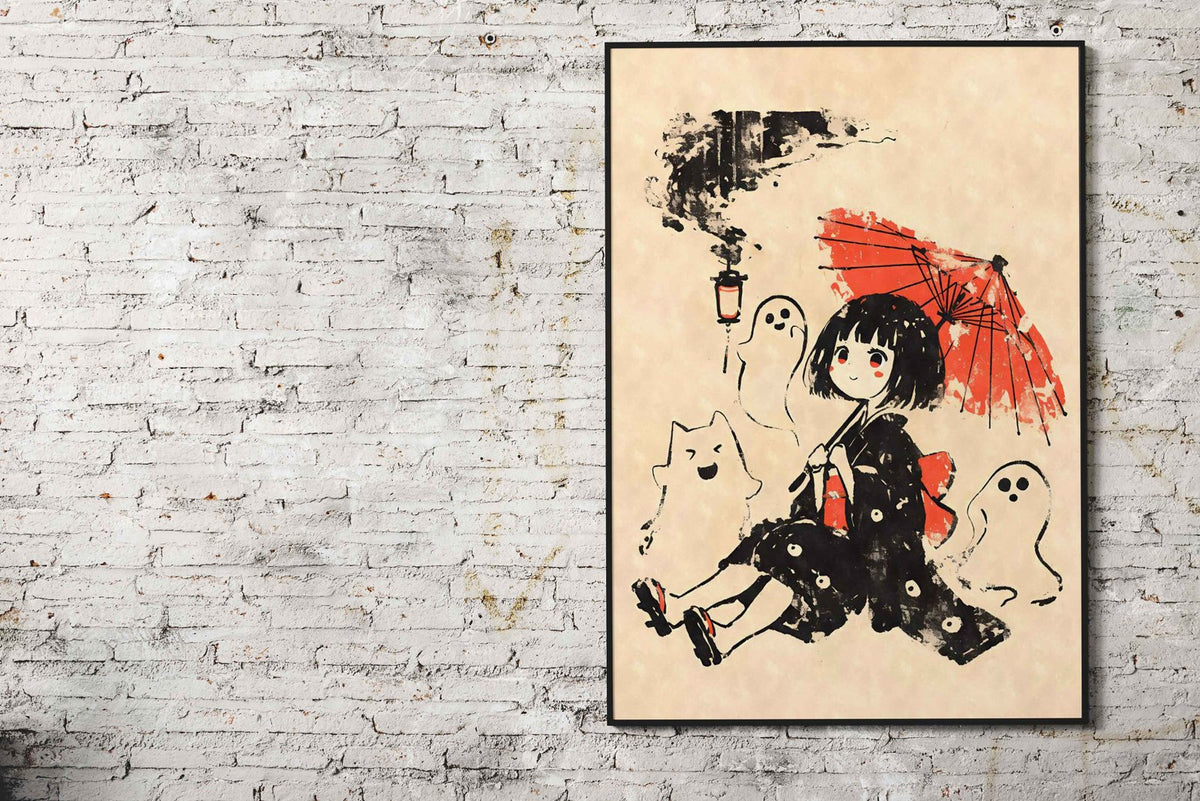 Yokai Girl with Ghosts and Umbrella Asian Style Poster | Wall Art for Home & Office | High-Quality Print - High-Quality Visual Display