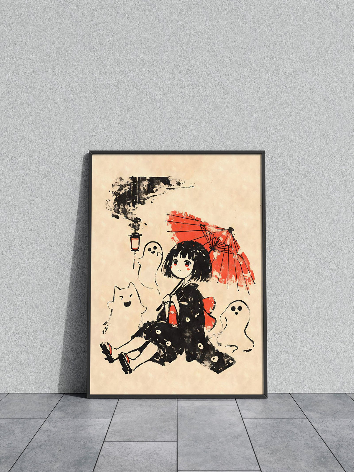 Yokai Girl with Ghosts and Umbrella Asian Style Poster | Wall Art for Home & Office | High-Quality Print - High-Quality Visual Display