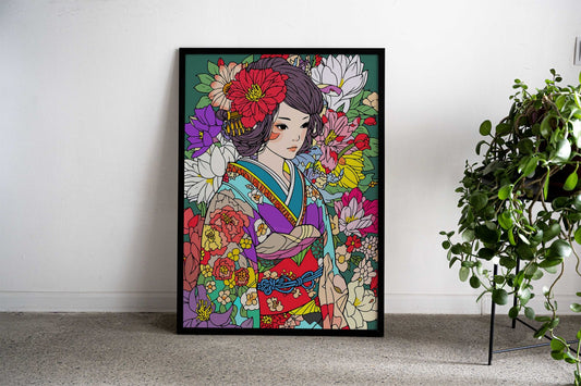 Zen Kimono Flower Girl Art Asian Style Poster  | Wall Art for Home & Office | High-Quality Print - High-Quality Visual Display