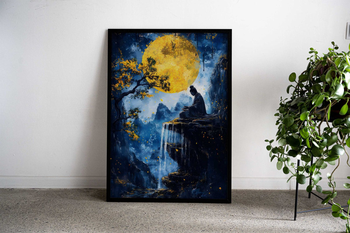 Zen Meditation Under Full Moon Asian Style P oster | Wall Art for Home & Office | High-Quality Print - High-Quality Visual Display