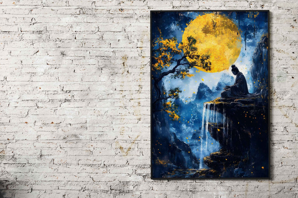 Zen Meditation Under Full Moon Asian Style P oster | Wall Art for Home & Office | High-Quality Print - High-Quality Visual Display