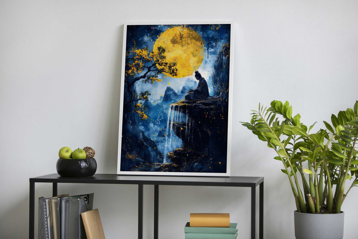 Zen Meditation Under Full Moon Asian Style P oster | Wall Art for Home & Office | High-Quality Print - High-Quality Visual Display