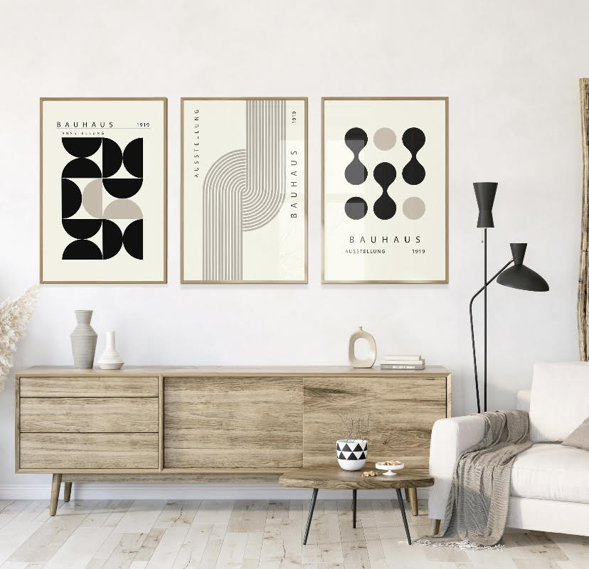 Bauhaus Trio of Black and White Geometric Retro Artwork