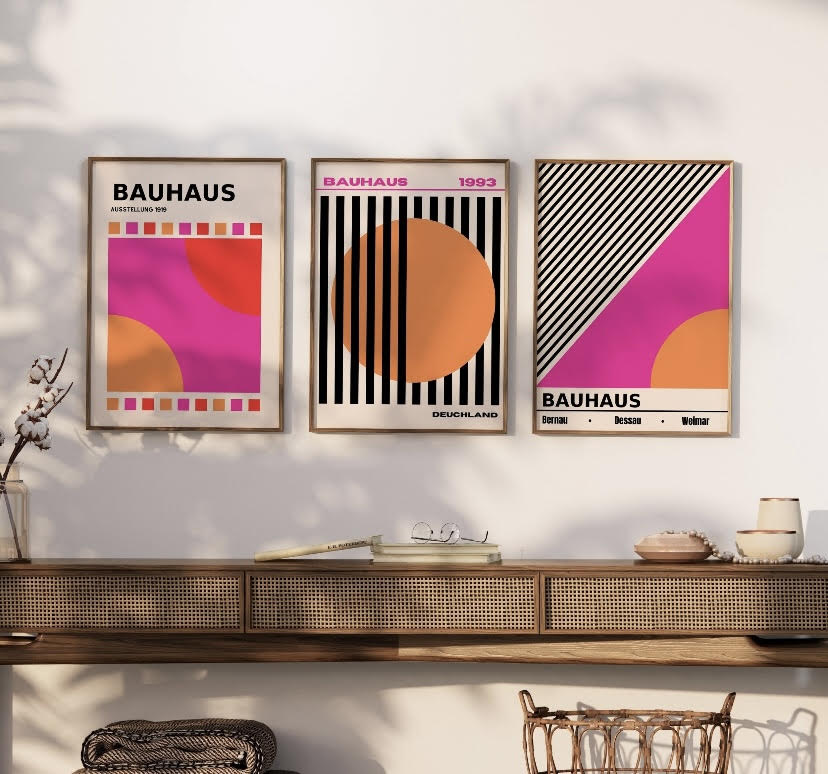 Bauhaus Trio of Retro Pink Neon Prints