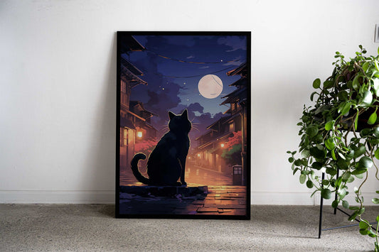 cat moon japanese Asian Style Poster | Wall Art for Home & Office | High-Quality Print - High-quality vinyl skin wr