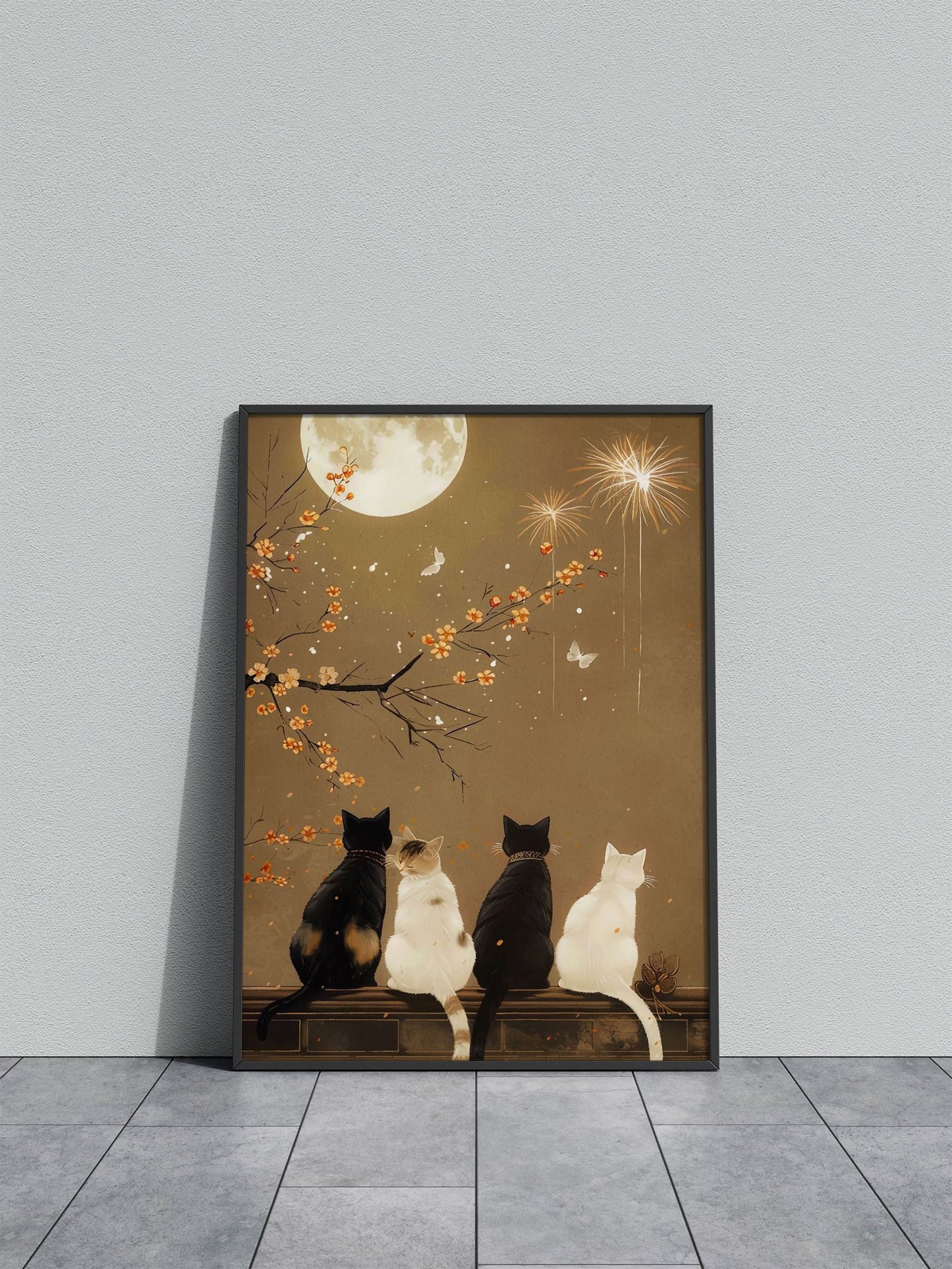 cat moon night Asian Style Poster | Wall Art for Home & Office | High-Quality Print - High-quality vinyl skin wrap 