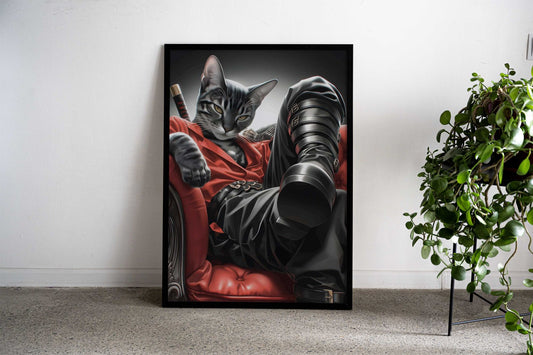 cat samurai katana Asian Style Poster | Wall Art for Home & Office | High-Quality Print - High-quality vinyl skin w
