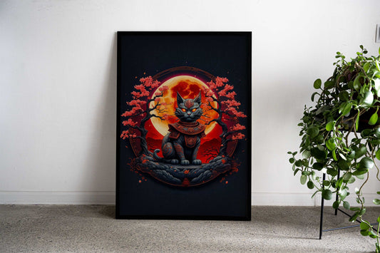 cat samurai red moon Asian Style Poster | Wall Art for Home & Office | High-Quality Print - High-quality vinyl skin