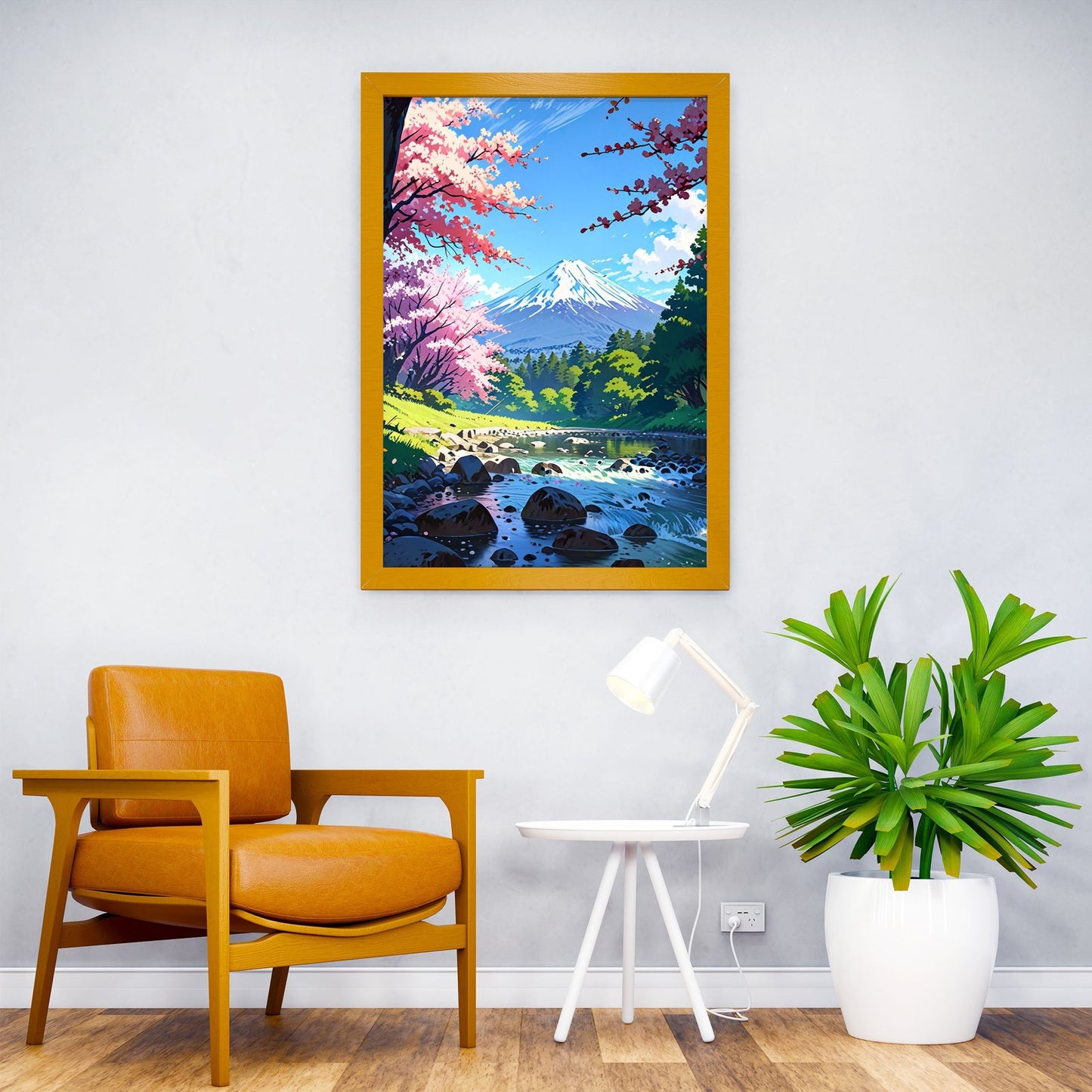 cherry blossom Japan art fuji mountain spring landscape green forest trees lake and rocks anime style colorful cute scene white clouds and sky Asian Style Poster | Wall Art for Home & Office | High-Quality Print