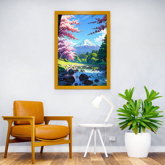 cherry blossom Japan art fuji mountain spring landscape green forest trees lake and rocks anime style colorful cute scene white clouds and sky Asian Style Poster | Wall Art for Home & Office | High-Quality Print - High-Quality Visual Display