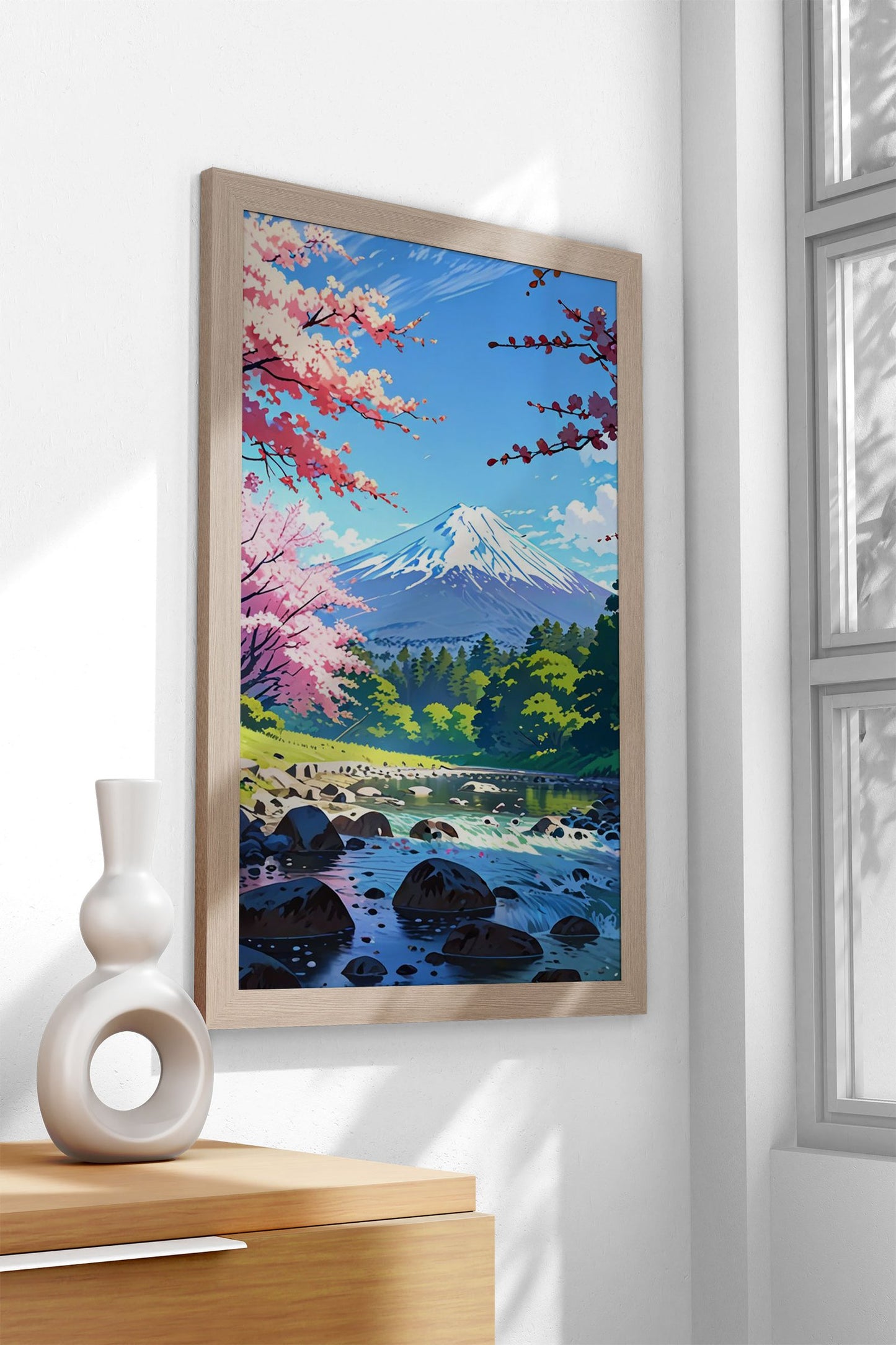 cherry blossom Japan art fuji mountain spring landscape green forest trees lake and rocks anime style colorful cute scene white clouds and sky Asian Style Poster | Wall Art for Home & Office | High-Quality Print