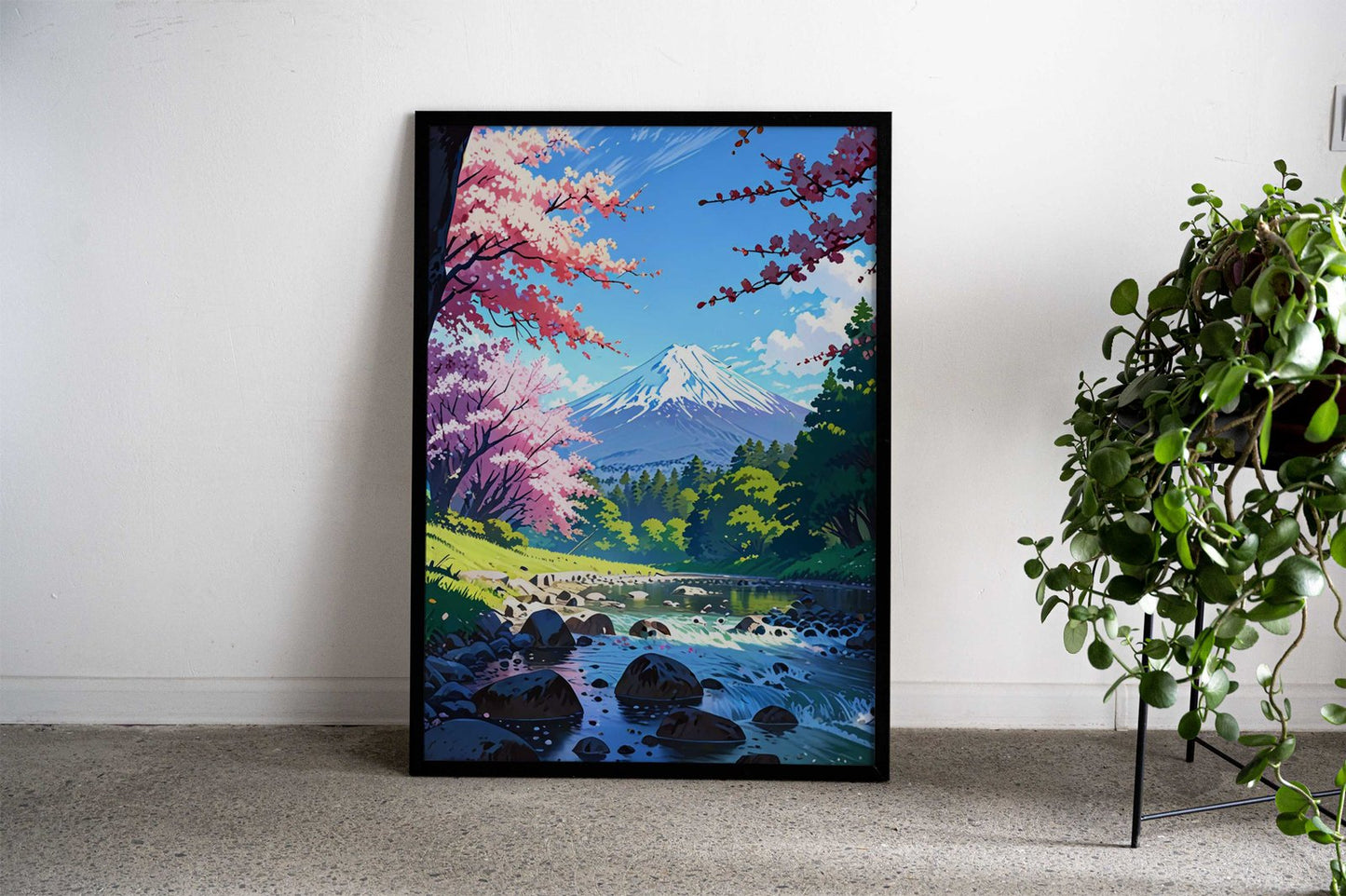 cherry blossom Japan art fuji mountain spring landscape green forest trees lake and rocks anime style colorful cute scene white clouds and sky Asian Style Poster | Wall Art for Home & Office | High-Quality Print