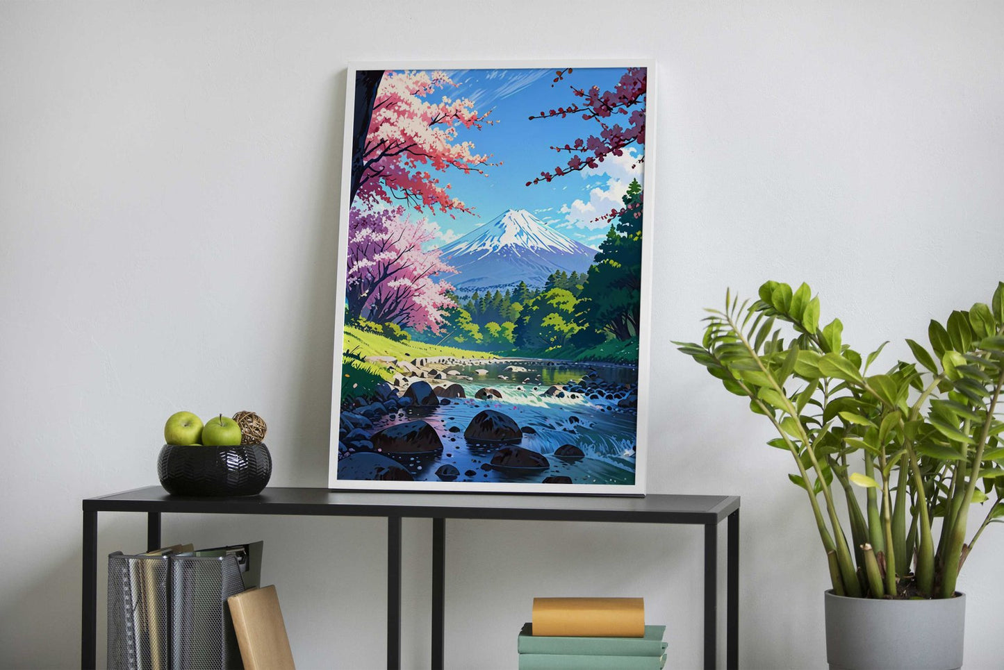 cherry blossom Japan art fuji mountain spring landscape green forest trees lake and rocks anime style colorful cute scene white clouds and sky Asian Style Poster | Wall Art for Home & Office | High-Quality Print