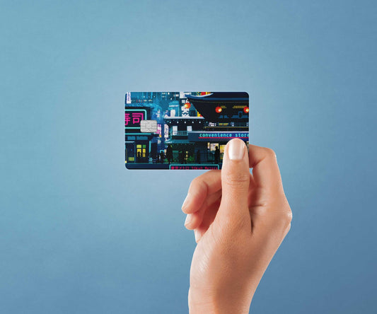 Watercolor cyberpunk downtown design | credit card sticker | small chip | credit card skin for nursery and home wall decor.