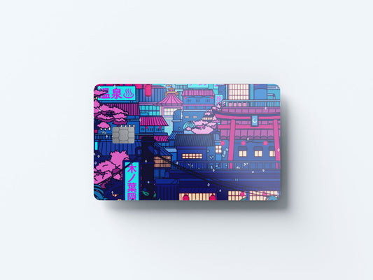 Watercolor cyberpunk village design | credit card sticker | small chip | credit card skin for nursery and home wall decor.