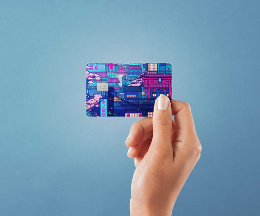 Watercolor cyberpunk village design | credit card sticker | small chip | credit card skin for nursery and home wall decor.