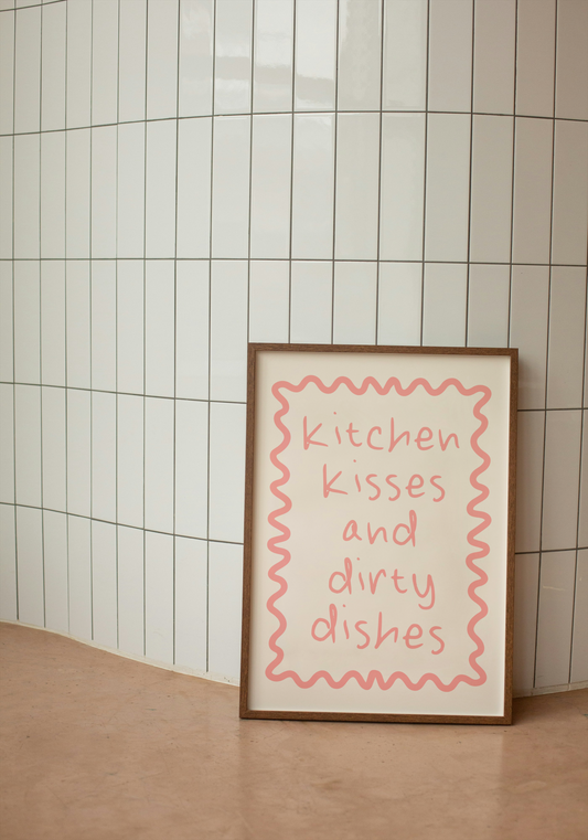 Kitchen Kisses and Dirty Dishes | Dusty Pink and Cream | Art Print - High-Quality Premium Wall Art Decor Sticker