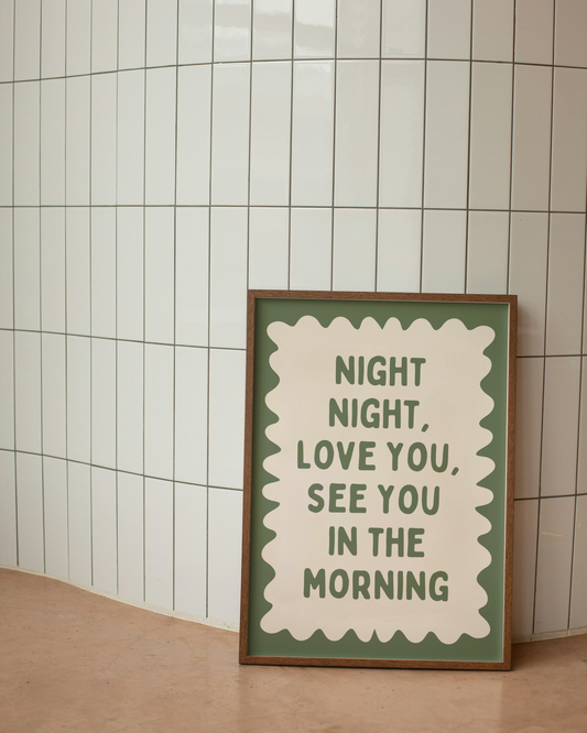 Night Night, Love You | Olive Green and Cream | Wall Art Print - High-Quality Premium Wall Art Decor Sticker