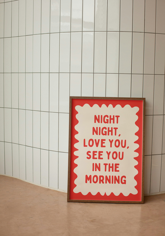 Night Night, Love You | Red and Cream | Wall Art Print - High-Quality Premium Wall Art Decor Sticker