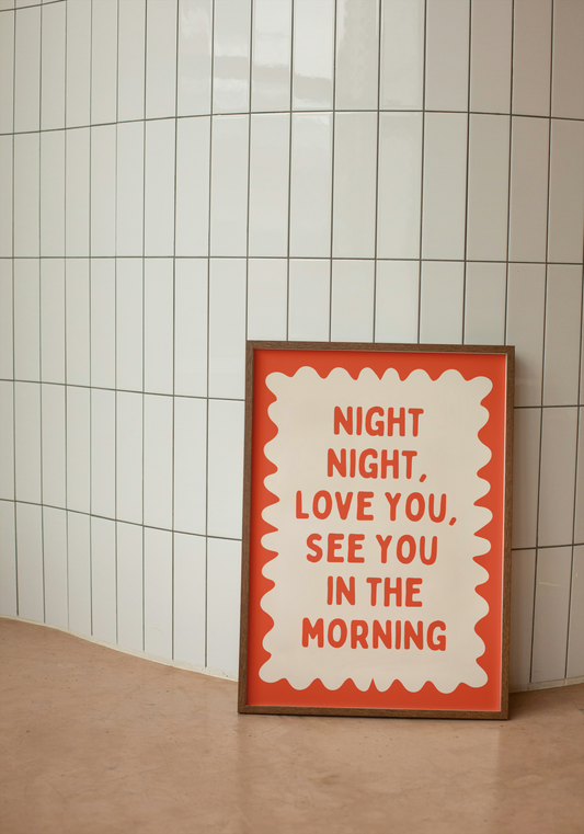 Night Night, Love You | Red Orange and Cream | Wall Art Print - High-Quality Premium Wall Art Decor Sticker