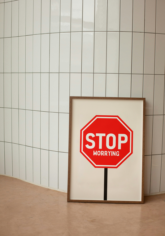Stop Worrying | Red and White | Art Print - High-Quality Premium Wall Art Decor Sticker