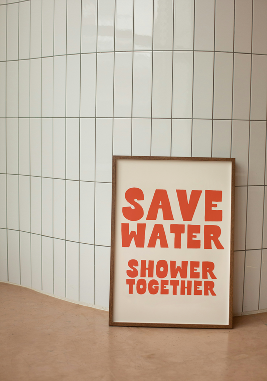 Save Water Shower Together | Red and Cream | Art Print - High-Quality Premium Wall Art Decor Sticker