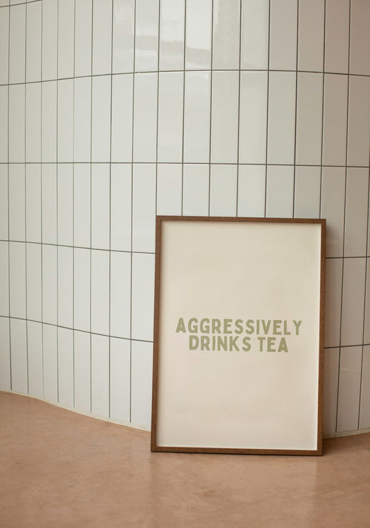 Aggressively Drinks Tea | Sage and Cream | Art Print - High-Quality Premium Wall Art Decor Sticker