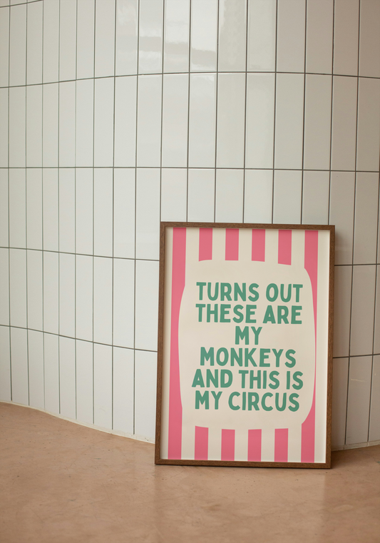 Turns Out These Are Our Monkeys | Watermelon and Cream Stripe with Vivid Teal | Art Print - High-Quality Premium Wall Art Decor Sticker