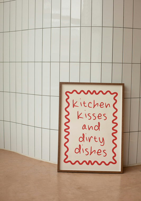 Kitchen Kisses And Dirty Dishes | Red and Cream | Art Print - High-Quality Premium Wall Art Decor Sticker