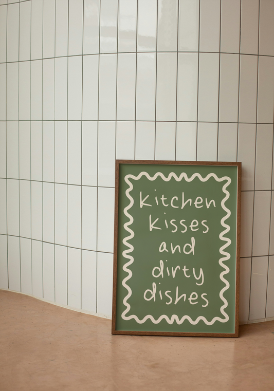 Kitchen Kisses And Dirty Dishes | Cream and Olive Green | Art Print - High-Quality Premium Wall Art Decor Sticker