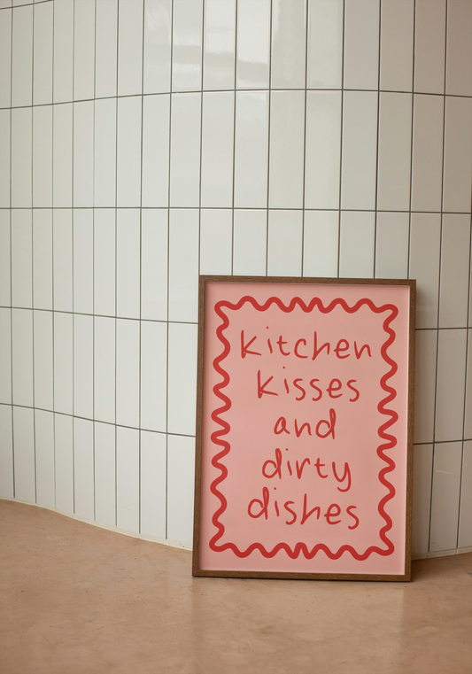 Kitchen Kisses And Dirty Dishes | Red and Dusty Pink | Art Print - High-Quality Premium Wall Art Decor Sticker