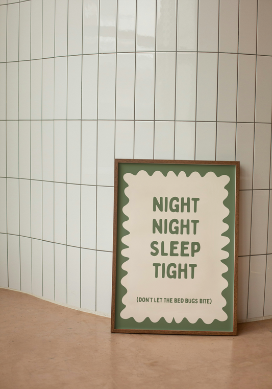 Night Night Sleep Tight | Olive Green and Cream | Art Print - High-Quality Premium Wall Art Decor Sticker