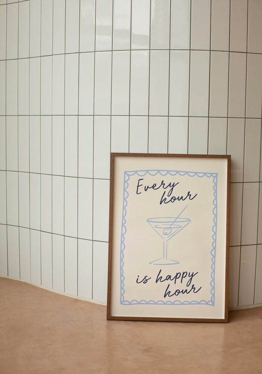 Every Hour Is Happy Hour | Cornflower Blue, Navy and Cream | Art Print - High-Quality Premium Wall Art Decor Sticker