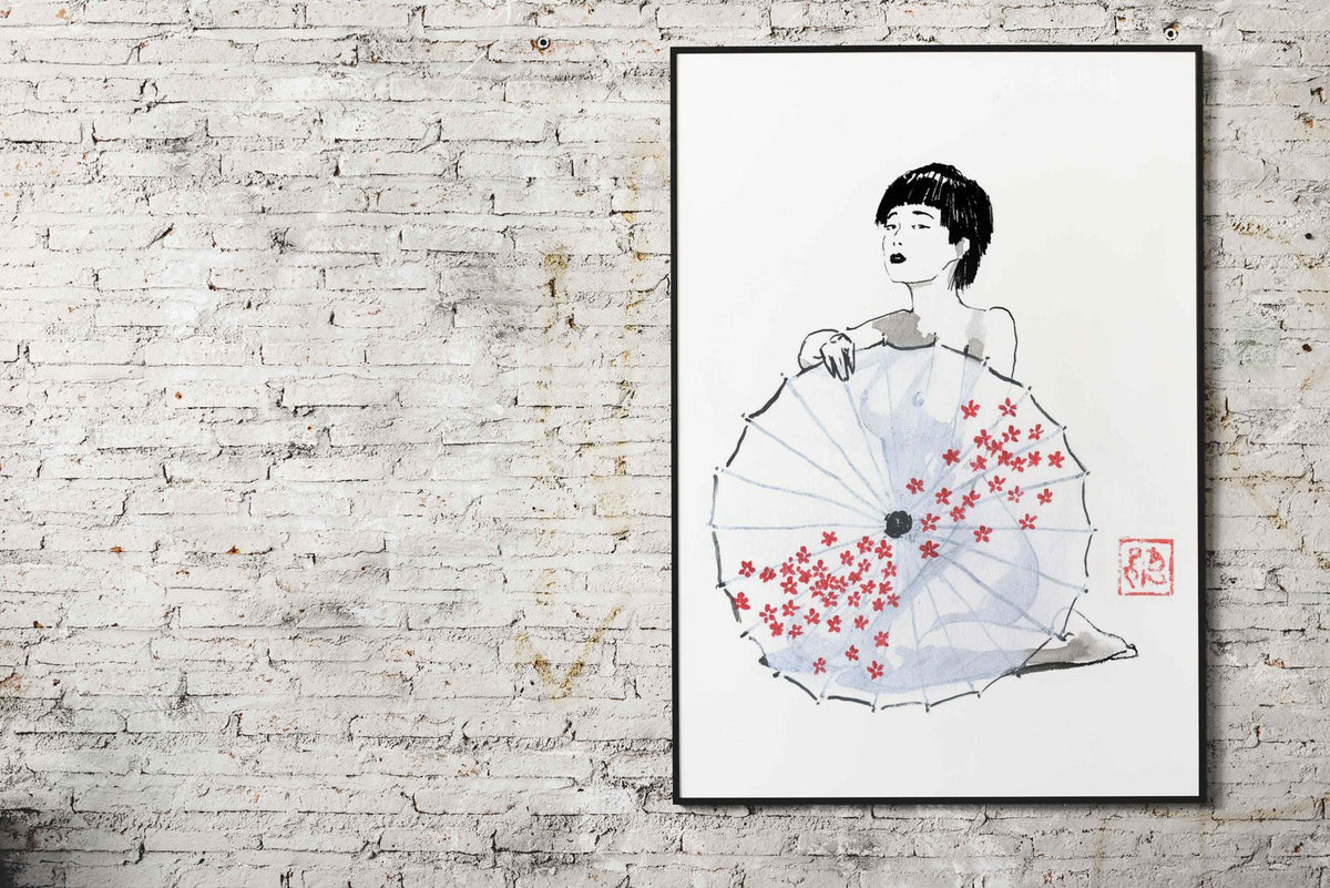 geisha behind umbrella Asian Style Poster | Wall Art for Home & Office | High-Quality Print - High-Quality Visual Display