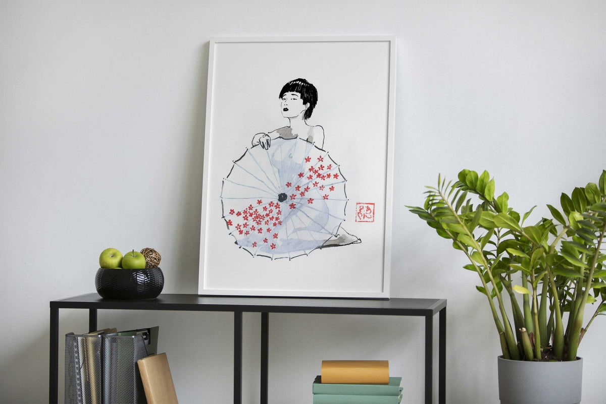 geisha behind umbrella Asian Style Poster | Wall Art for Home & Office | High-Quality Print - High-Quality Visual Display