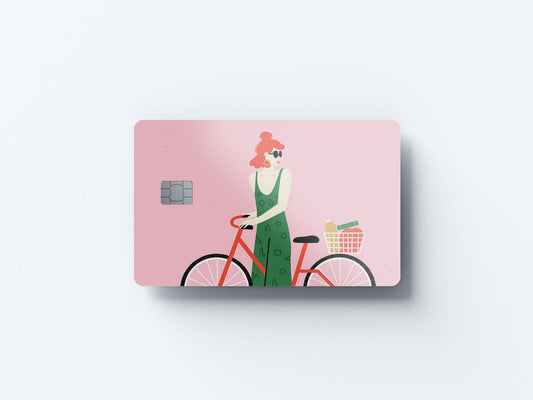 Watercolor girl on bike design | credit card sticker | small chip | credit card skin for nursery and home wall decor.