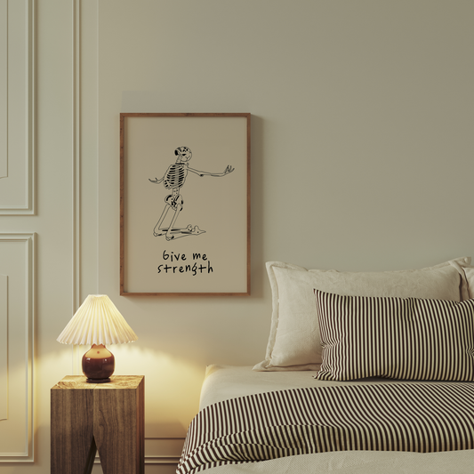Give Me Strength | Skeleton | Black and Cream | Art Print - High-Quality Premium Wall Art Decor Sticker