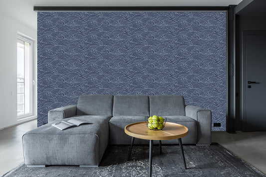 Dark Waves temporary self adhesive wallpaper, Japanese wall art, Navy decor, Peel and stick, Modern Home decor