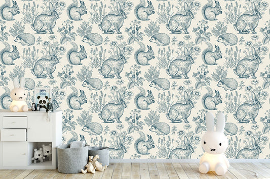 Watercolor woodland self adhesive removable wallpaper for nursery and home wall decor.