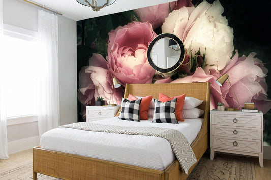 Beautiful bouquet of pink roses, dark floral wall mural, peel and stick, temporary wallpaper, Beautiful roses print, Modern wall art