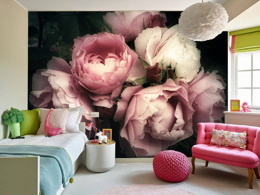 Beautiful bouquet of pink roses, dark floral wall mural, peel and stick, temporary wallpaper, Beautiful roses print, Modern wall art