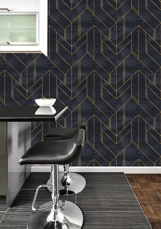 Gold and Navy Blue Geometric Wallpaper,Peel and stick, Temporary wallpaper, Self adhesive wall fabric, Minimalistic, Modern wall art