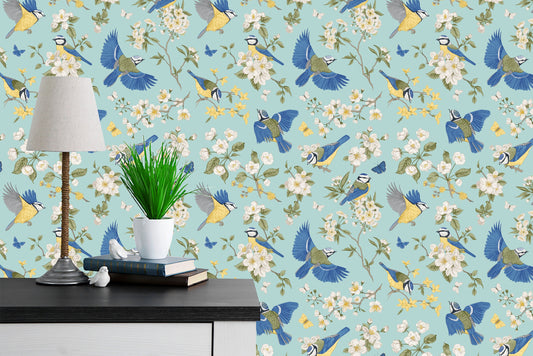 Birds and flowers in Chinoiserie style self adhesive wallpaper, peel and stick, temporary wallpaper, Chinoiserie wallpaper, modern wall art