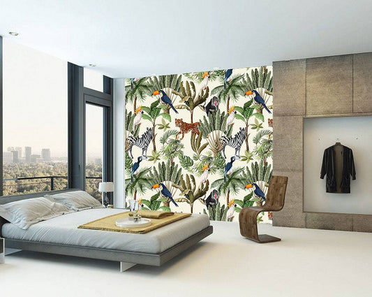 Exotic animals zebra lions in jungle going wild self adhesive removable wallpaper, peel and stick, temporary wallpaper, nursery wall decor