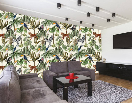 Exotic animals zebra lions in jungle going wild self adhesive removable wallpaper, peel and stick, temporary wallpaper, nursery wall decor