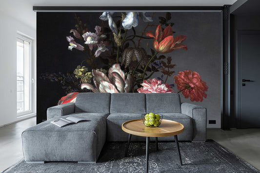 Dutch Dark Vintage Floral Removable Wallpaper, Peel and Stick, Dark floral wall mural, Floral wallpaper, Self adhesive, Temporary wallpaper