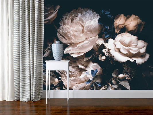 Bouquet of Peonies Removable Wallpaper, Peel and Stick, Floral Mural, Peonies Wallpaper, Dark Floral