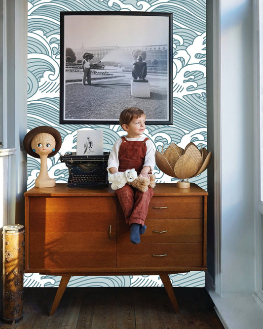 Traditional Chinese wave Wall mural , Removable Wallpaper, self adhesive, Blue Contemporary Wallpaper, Peel and Stick Great Wave Wallpaper