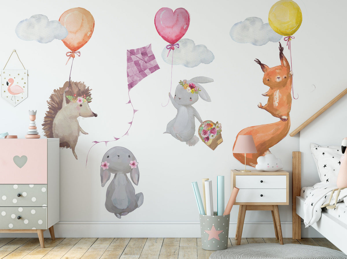 Cute Flying Animals and Balloons Wall Stickers - Unique Wall Decal by Wonderwallsboutique