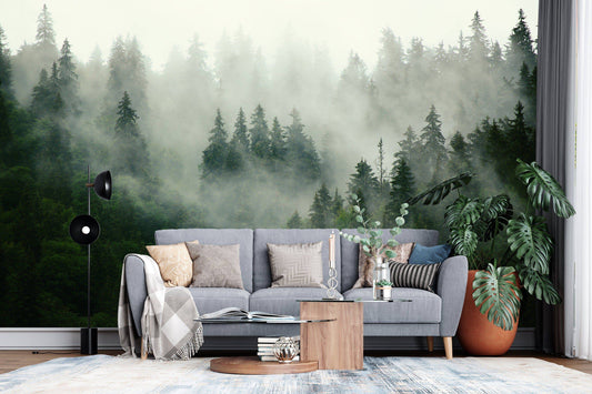 Foggy Forest Wallpaper - peel and stick, removable, Landscape Mural, Mountains, Wall Decoration, Wood, Nature, Forest Mural, Fresh Green